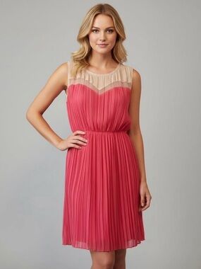 Sleeveless Pink Pleated Chiffon Dress with Sheer Yoke
